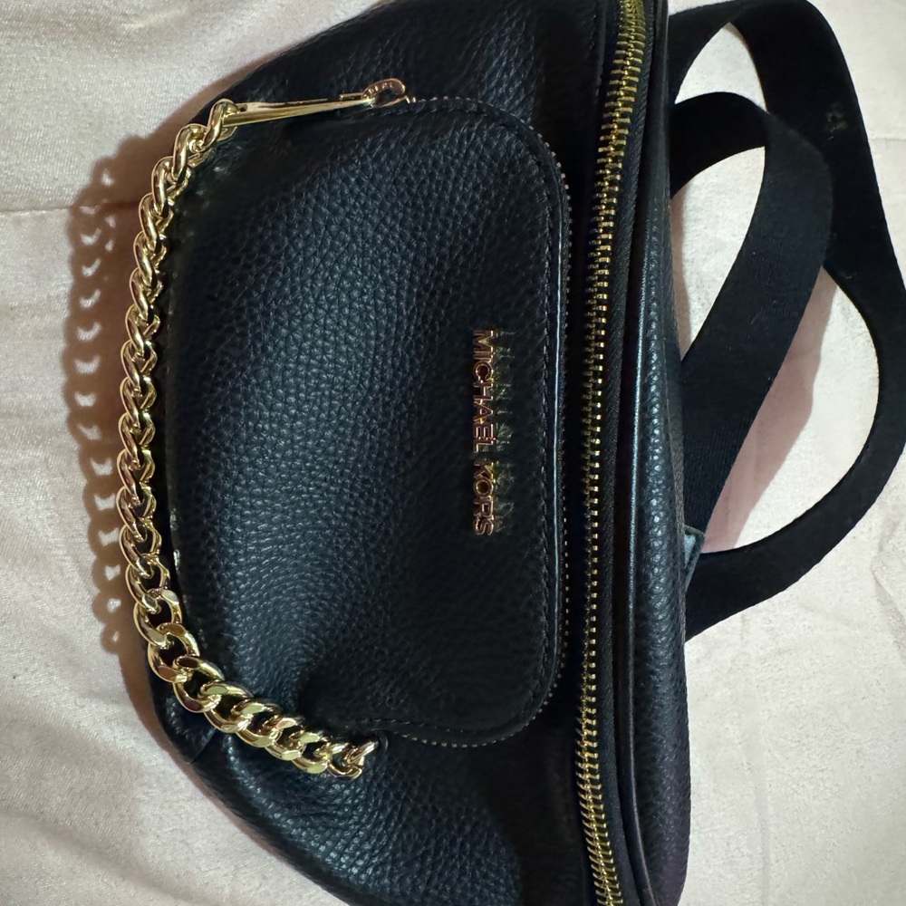 Michael Kors Black Leather Fanny pack with Gold Chain Accent